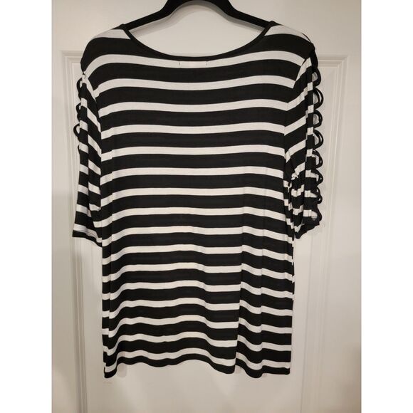 89th & Madison Black and White Striped Top with Cutout Sleeve Detail - Size L - Picture 2 of 6
